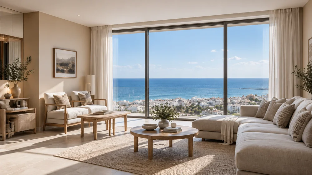 Bright living room with panoramic windows and a sea view